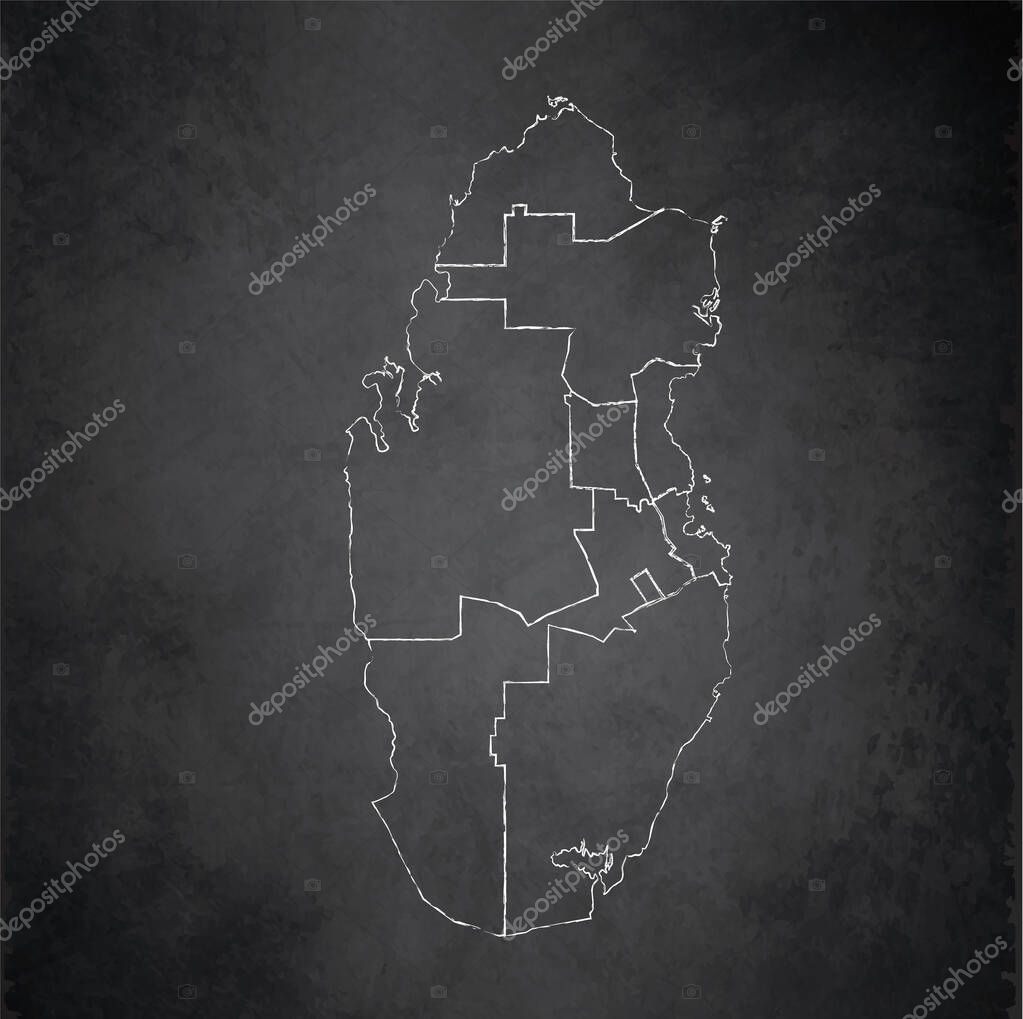 Qatar map, separates regions, design card blackboard, chalkboard blank 2024