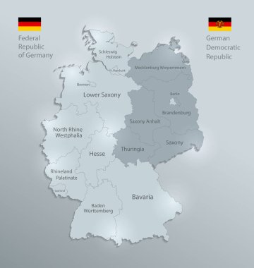 Germany map and flag divided on West and East Germany with regions, design glass card 3D vector