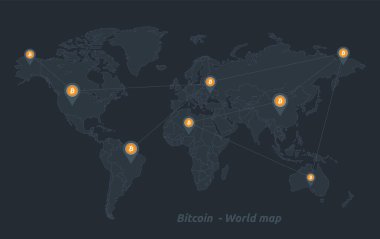 Farklı durumlara ve Bitcoin nokta vektörüne sahip dünya haritası