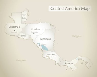 Central America map, individual states with names, old paper background vector