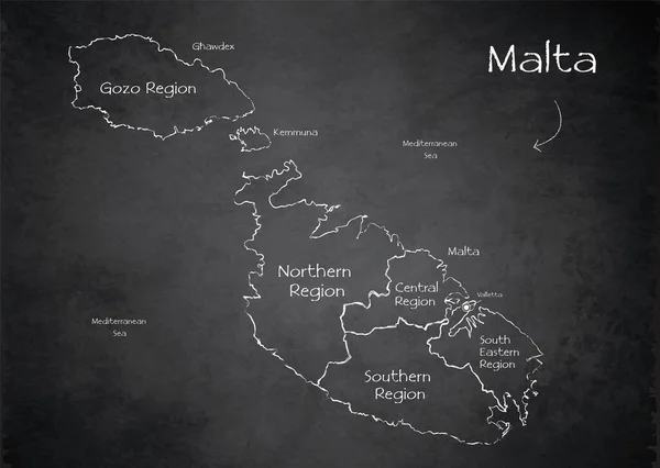 Malta Mapa Regiões Atuais Nomes Cartão Design Blackboard Chalkboard Vector — Vetor de Stock