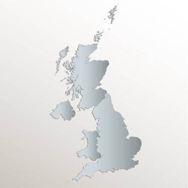Birleşik Krallık haritası, idari bölüm, beyaz mavi kart kağıdı 3D, boş