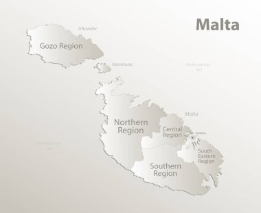 Malta haritası, mevcut bölgeler, bölgeleri ve isimleri ayırır, kart kağıdı 3D doğal vektör