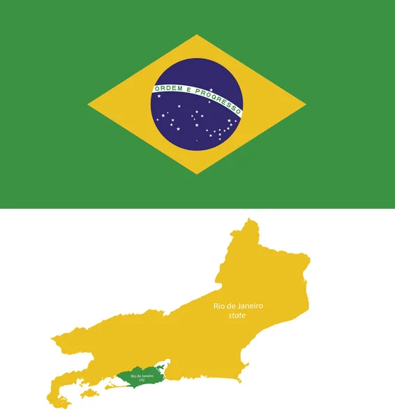 ジャネイロ地図の状態とブラジルの旗ベクトルと都市 — ストックベクタ