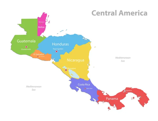 Central America Map Separate Individual States State Names Color Map — Stock Vector