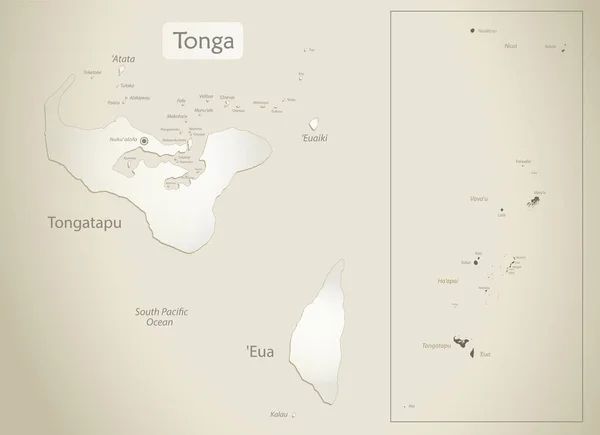 Tonga Karte Inseln Mit Namen Alter Papierhintergrundvektor — Stockvektor