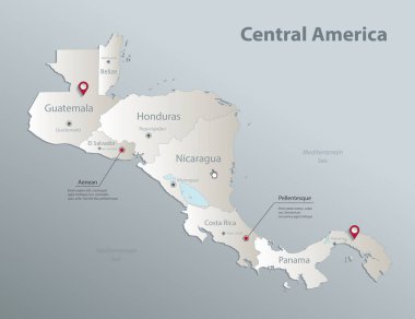 Orta Amerika haritası, adları olan eyaletleri ayırır, mavi beyaz kart kağıdı 3D vektörü