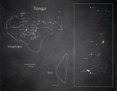 Tonga haritası, adalar whit isimleri, tasarım kartı karatahta vektörü