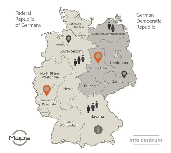 Alemanha Mapa Dividido Alemanha Ocidental Oriental Com Regiões Nomes Mapa — Vetor de Stock