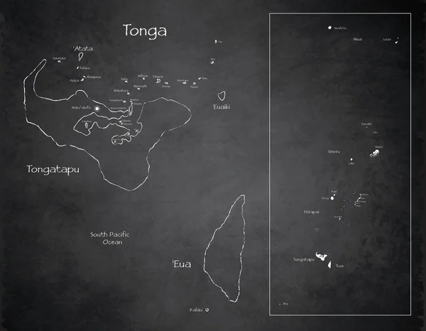 トンガの地図 島の白い名前 デザインカードの黒板のチャークボードベクトル — ストックベクタ