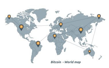 Beyaz arkaplan vektörü üzerinde izole edilmiş, farklı durumları ve Bitcoin noktasını içeren dünya haritası