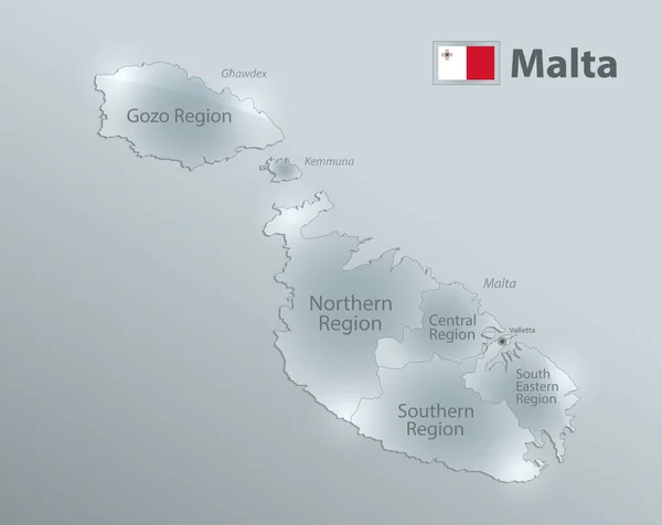 Malta Mapa Flaga Aktualne Regiony Oddziela Regiony Nazwy Projekt Szklana — Wektor stockowy