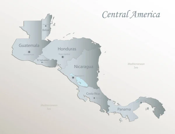 Mappa America Centrale Singoli Stati Con Nomi Carta Bianca Blu — Vettoriale Stock
