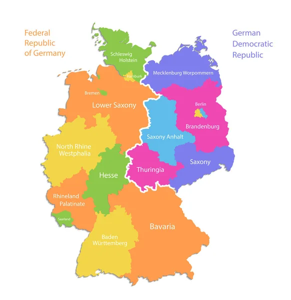 Allemagne Carte Divisée Sur Carte Ouest Est Division Administrative Régions — Image vectorielle