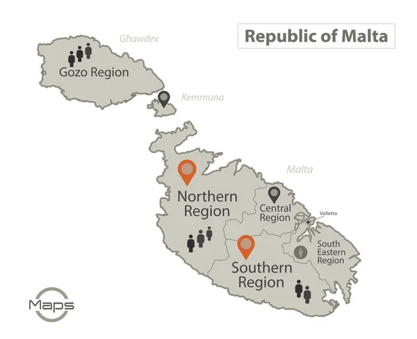 Malta Regiony Mapę Nazwami Infografiki Ikony Wektor — Wektor stockowy