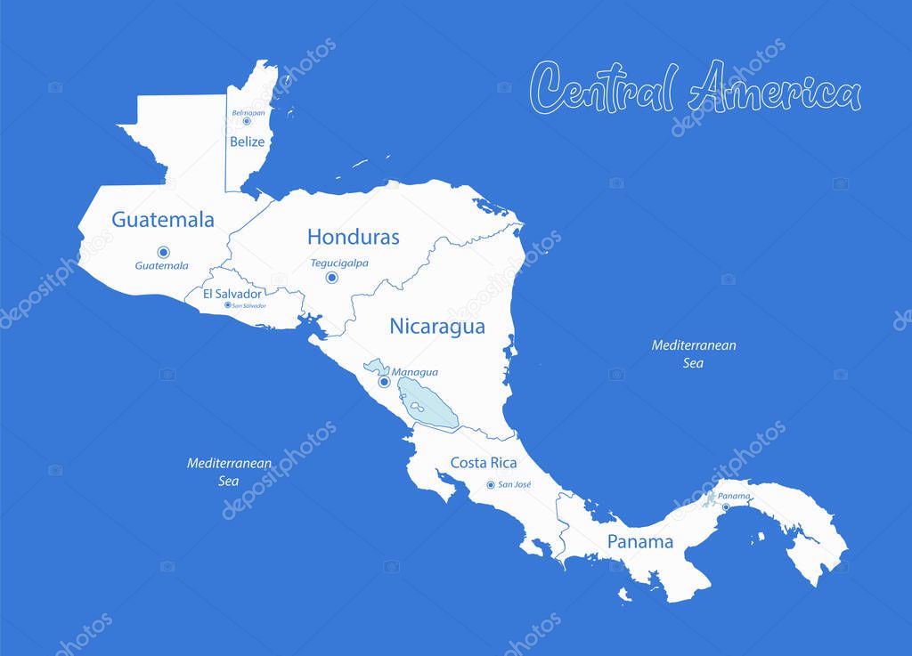 Central America map, separate states whit names, blue background vector