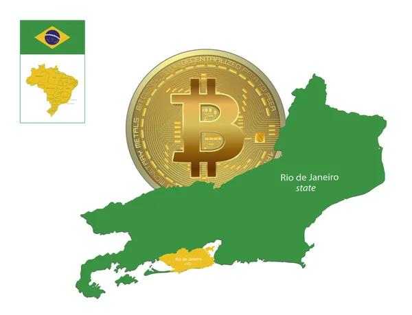 Rio Janeiro Carte Ville Avec Bitcoin Coin Coin Brésil Carte — Image vectorielle