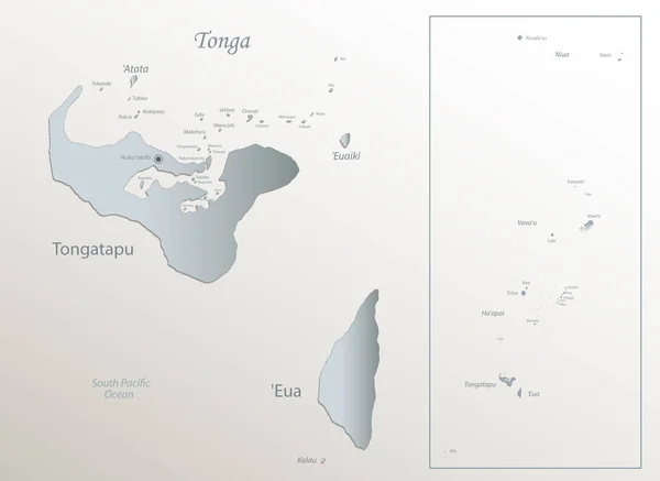 Mapa Tonga Wyspy Nazwami Biały Niebieski Papier Karciany Wektor — Wektor stockowy