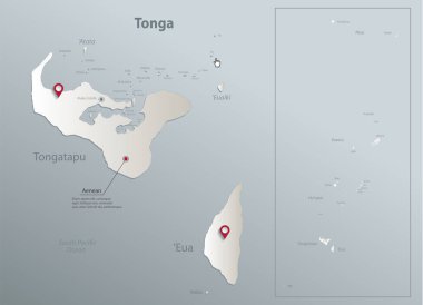 Tonga haritası, isimleri olan adalar, mavi beyaz kart kağıdı 3D vektör