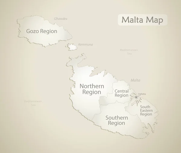 Malta Haritası Isimleri Olan Mevcut Bölgeler Eski Kağıt Arkaplan Vektörü — Stok Vektör