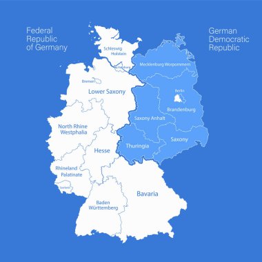 Germany map divided on West and East map, administrative divisions whit names regions, blue background vector clipart