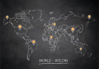 Dünya haritası, bitcoin ağı ve konum göstergesi, tasarım kartı karatahta vektörü