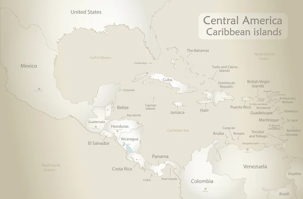 Karayip Adaları Orta Amerika Haritası Eyaletler Adalar Isimleri Olan Başkentler — Stok Vektör