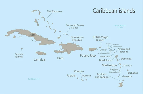 Mapa Islas Del Caribe Con Nombres Vector — Vector de stock