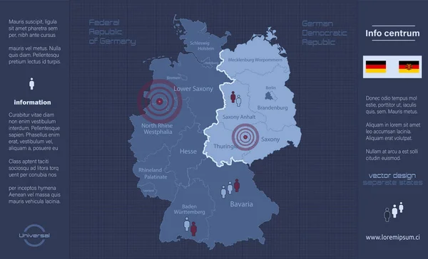 Németország Térképe Osztva Nyugat Kelet Németország Régiókban Nevek Infografika Kék — Stock Vector