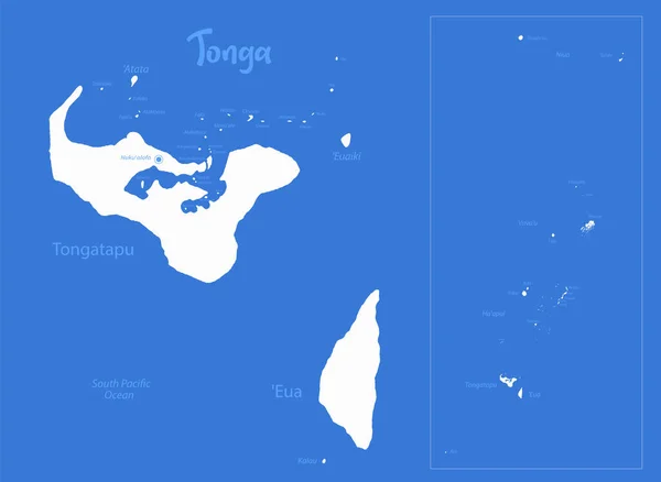 Peta Tonga Nama Pulau Vektor Latar Belakang Biru - Stok Vektor