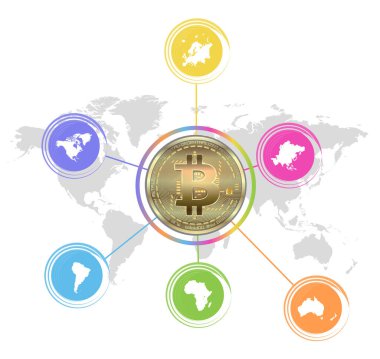 Bitcoin altın sikke, dünya haritası ve kıtalar, beyaz arkaplan vektöründe izole edilmiş bilgi grafikleri