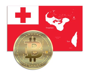 Bitcoin altın sikkeli Tonga bayrağı ve harita, beyaz arkaplan vektörü izole