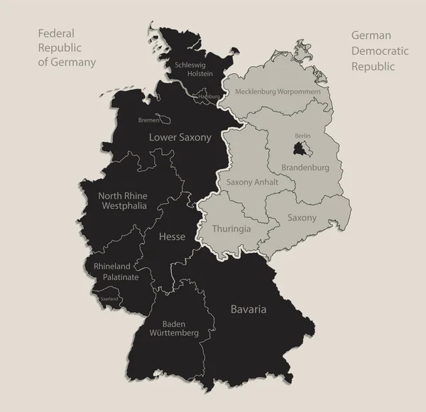 Czarna Mapa Niemiec Mapa Podzielona Zachodnie Wschodnie Niemcy Nazwami Regionów — Wektor stockowy
