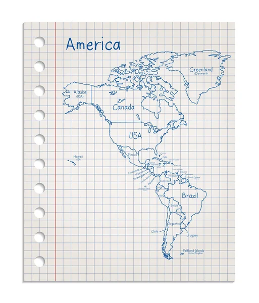 Amerika Karte Auf Einem Realistischen Quadratischen Blatt Papier Das Aus — Stockvektor