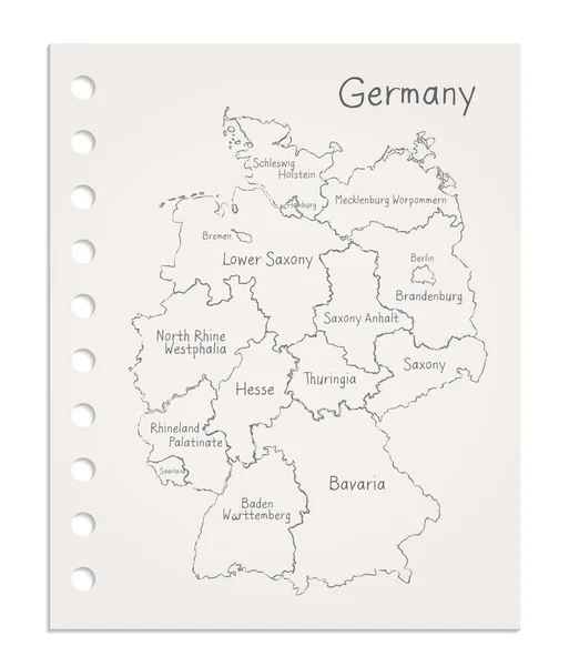 Németország Térképe Egy Reális Tiszta Papírlapról Amelyet Letéptek Blokk Ereklyéjéről — Stock Vector