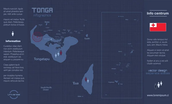 Tonga Haritası Isimleri Olan Adalar Mavi Düz Dizayn Vektörü — Stok Vektör