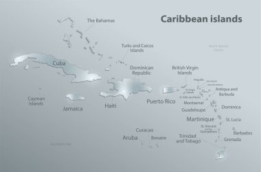 Karayip adaları haritası, bireysel adalar ve isimler, tasarım cam kartı 3D vektörü