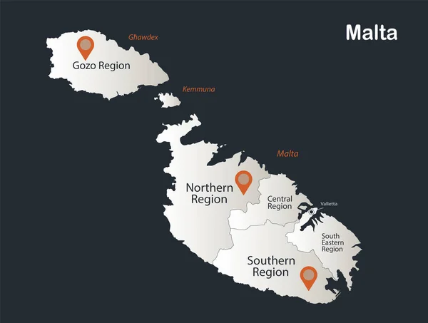 マルタ地域地図 インフォグラフィックフラットデザインの色雪の白 個々の地域ベクトルの名前 — ストックベクタ