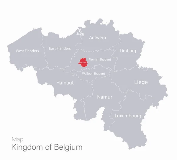Βέλγιο Χάρτης Περιοχές Και Πρωτεύουσα Ονόματα Γκρι Λευκό Φόντο Διάνυσμα — Διανυσματικό Αρχείο