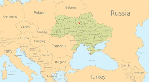 Ουκρανία Χάρτη Μεμονωμένες Περιοχές Και Πρωτεύουσα Μεμονωμένα Γειτονικά Κράτη Ονόματα — Διανυσματικό Αρχείο