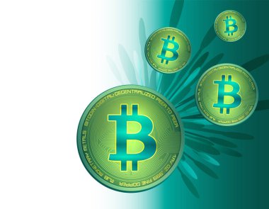 Bitcoin paraları ve beyaz ve yeşil arka planda havai fişekler, bilgi grafikleri kartı, boş