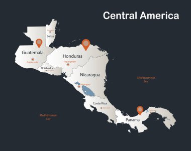 Orta Amerika haritası, Infographics düz tasarım renkleri, bireysel devletlerin ve şehir vektörlerinin isimleriyle kar beyazı