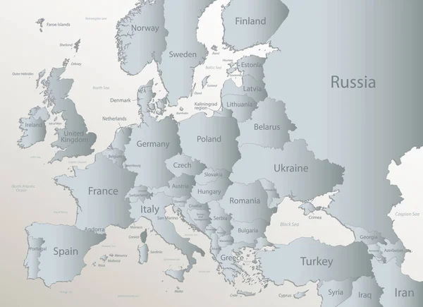 Европа Частями Азии Подробная Карта Отдельные Государства Острова Море Названиями — стоковый вектор