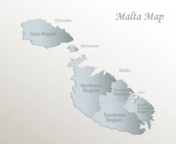 Malta Regiony Mapy Nazwami Biały Niebieski Papier Kartka Wektor — Wektor stockowy
