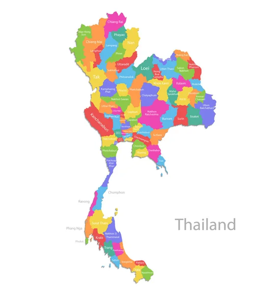タイ王国地図 個々の地域の名前 管理部門 色地図白い背景ベクトルに孤立 — ストックベクタ