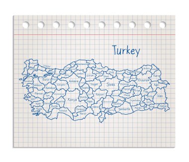 Bir blok vektöründen koparılan gerçekçi kare kağıt üzerinde Türkiye haritası