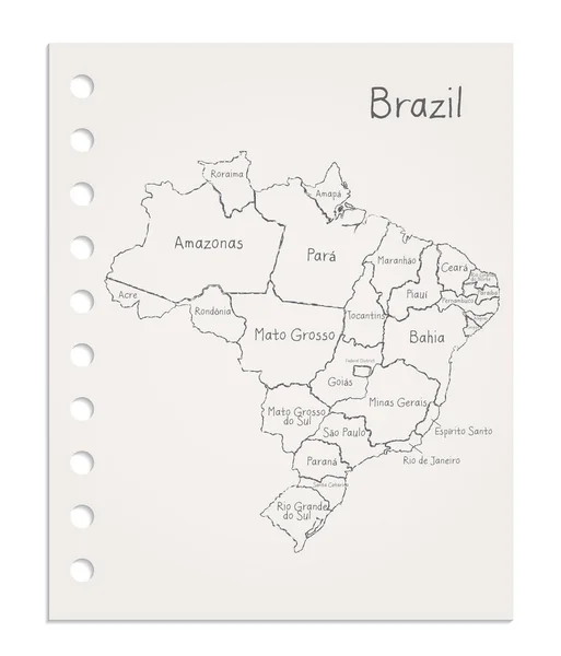 Brazílie Mapa Realistickém Čistém Listu Papíru Vytrženém Bloku Vektoru — Stockový vektor