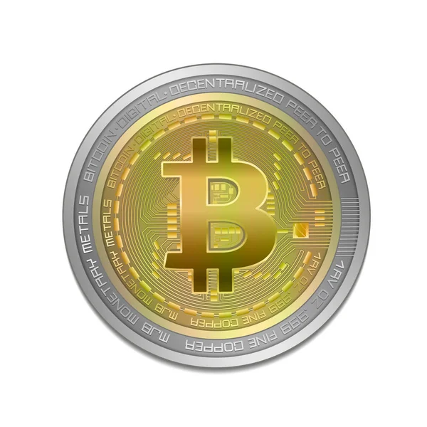 Bitcoin Munt Zilver Goud Witte Achtergrond Vector — Stockvector