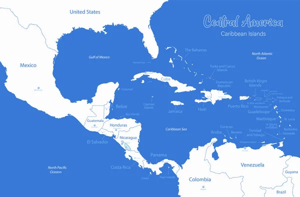 Karayip Adaları Orta Amerika Haritası Bireysel Devletler Adalar Şehir Whit — Stok Vektör