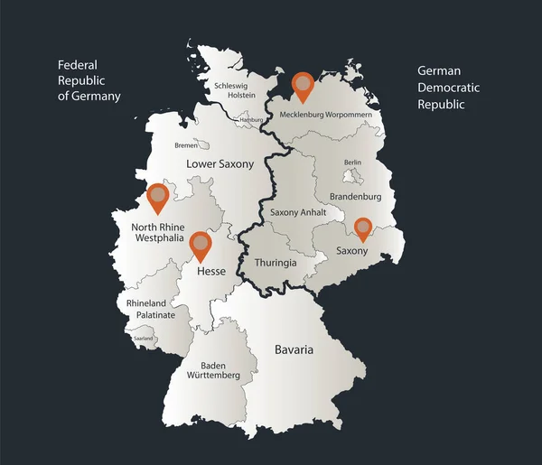 德国地图划分在西德和东德 信息图形平面设计色彩雪白 有个别区域矢量的名称 — 图库矢量图片